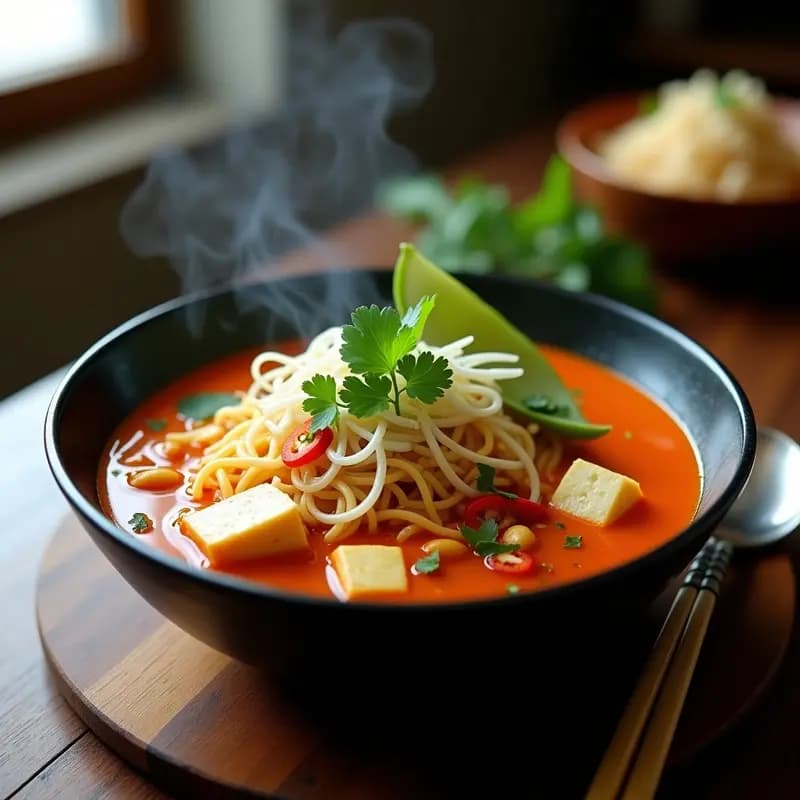 Laksa de Curry Rojo y Calabaza con Fideos de Arroz: Receta Tailandesa Vegana y Picante