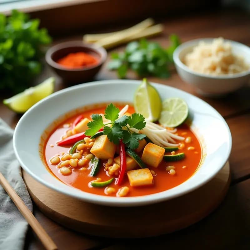 Laksa de Curry Rojo con Tofu y Calabacín: Receta Malaya Alta en Proteínas