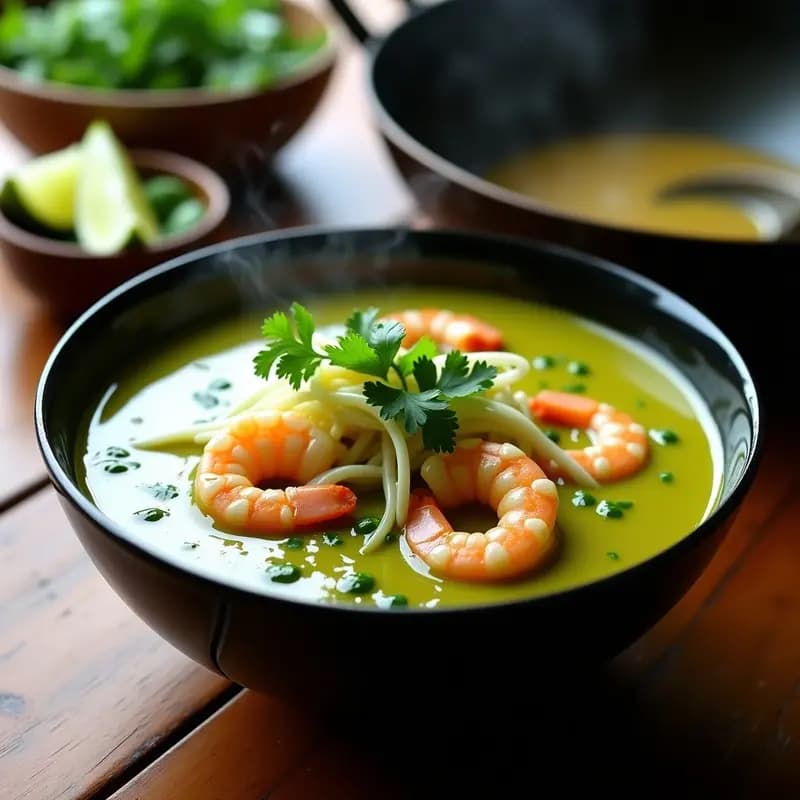 Laksa de Curry Verde con Gambas: Receta Malaya Crema y Picante en Wok