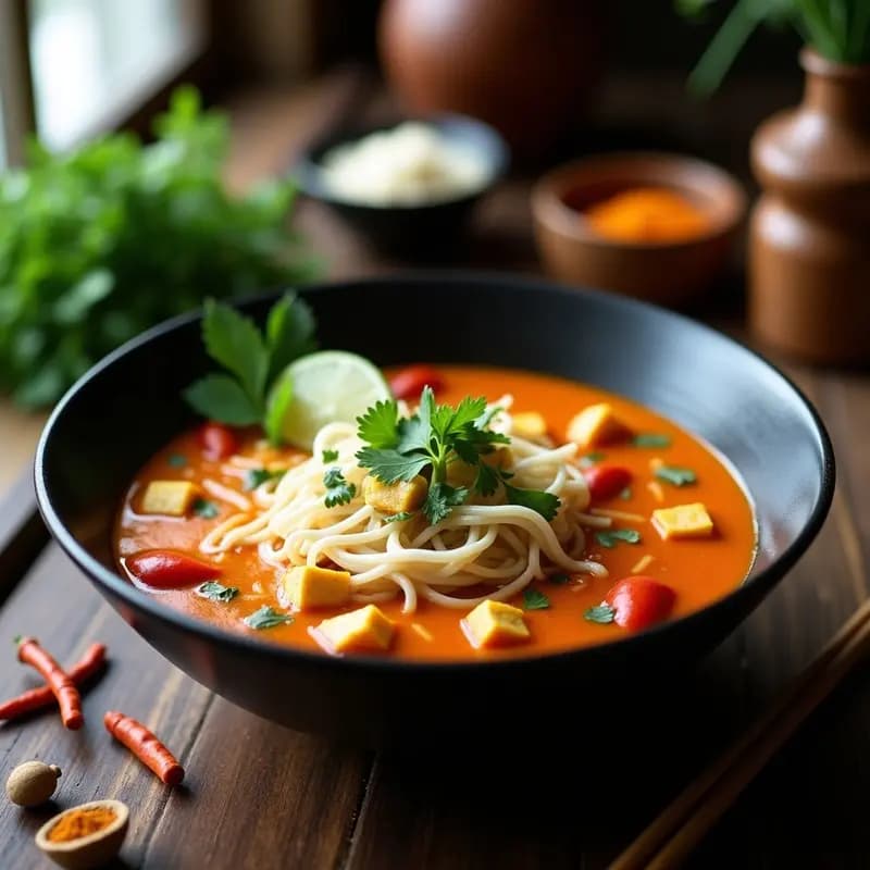 Laksa de Fideos de Arroz con Tofo y Brotes de Soja: Receta Malasia Vegana