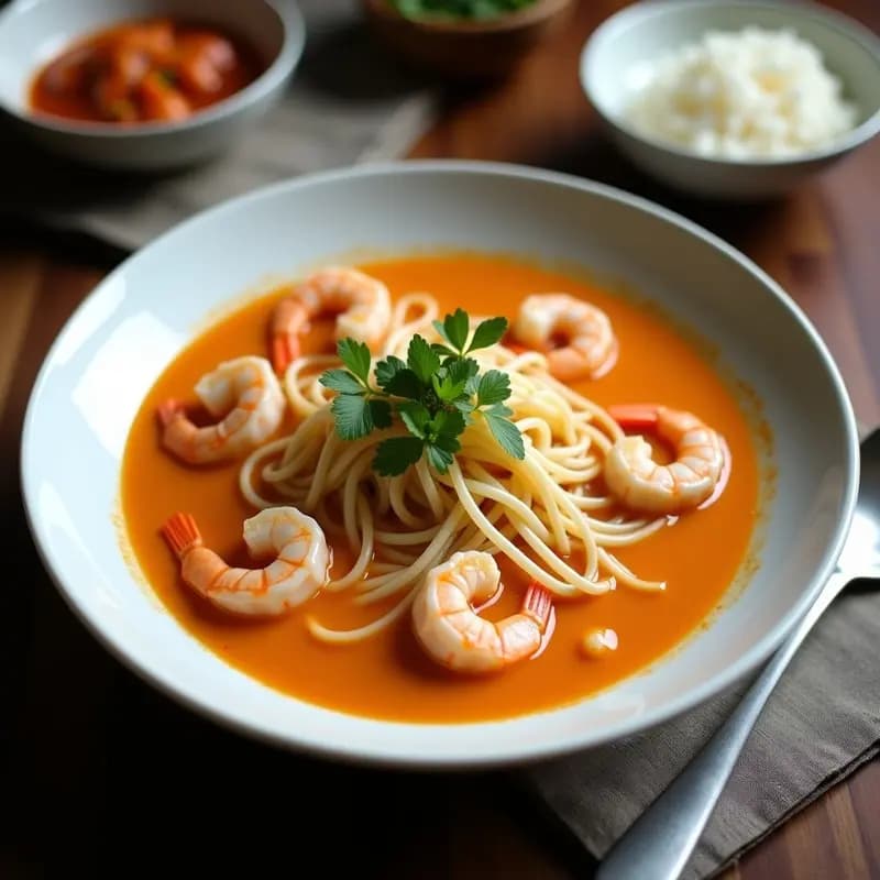 Laksa Malasia de Mariscos: Curry de Coco y Fideos con Gambas y Calamares