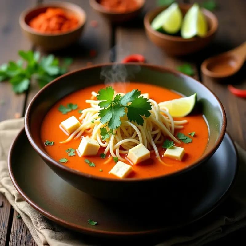 Laksa de Tofo y Brotes de Soja: Sopa Malaya Picante y Vegana en Olla Rápida