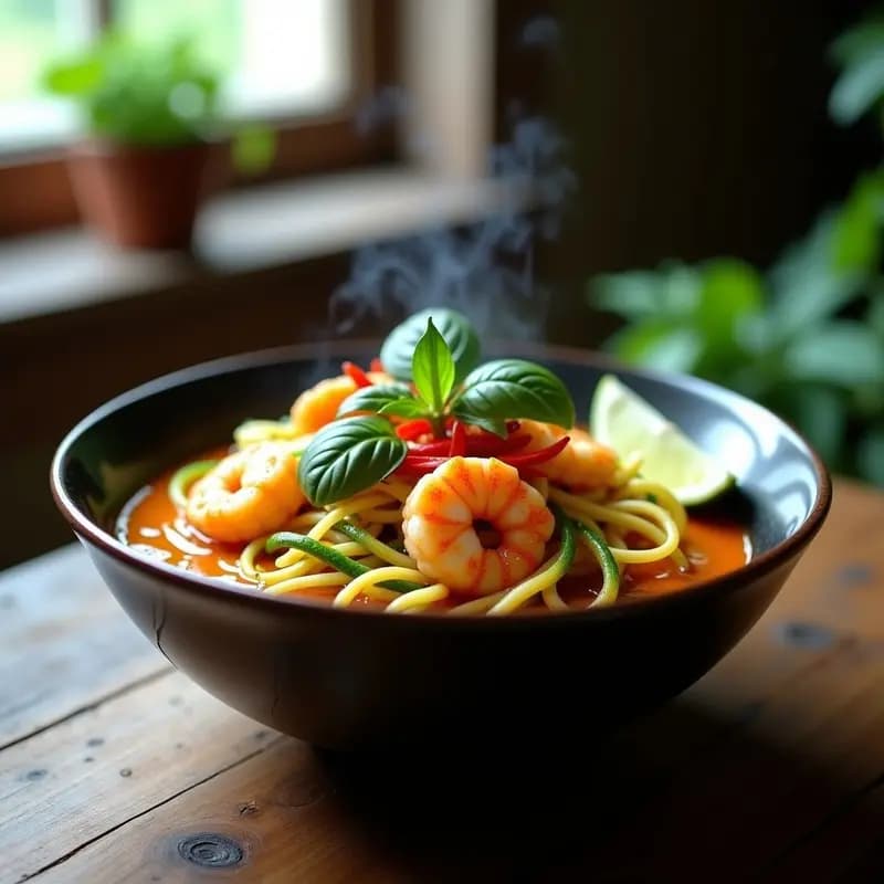 Laksa de Fideos de Zucchini y Camarones: Receta Malasia Sin Gluten y Alta en Proteínas
