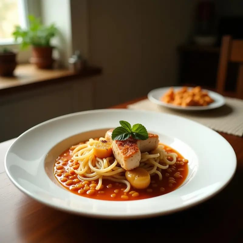 Laksam de Pollo y Lentejas Rojas: Fideos Malasios en Caldo de Coco y Cúrcuma
