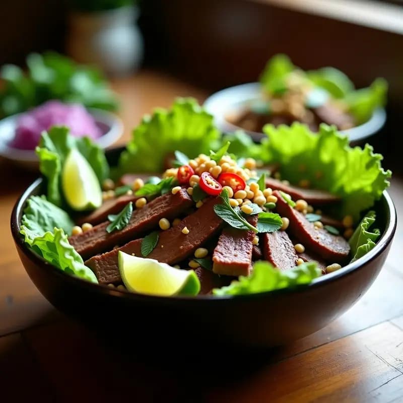 Lap Ping de Ternera al Estilo Laosiano: Ensalada Picante con Hierbas y Limón