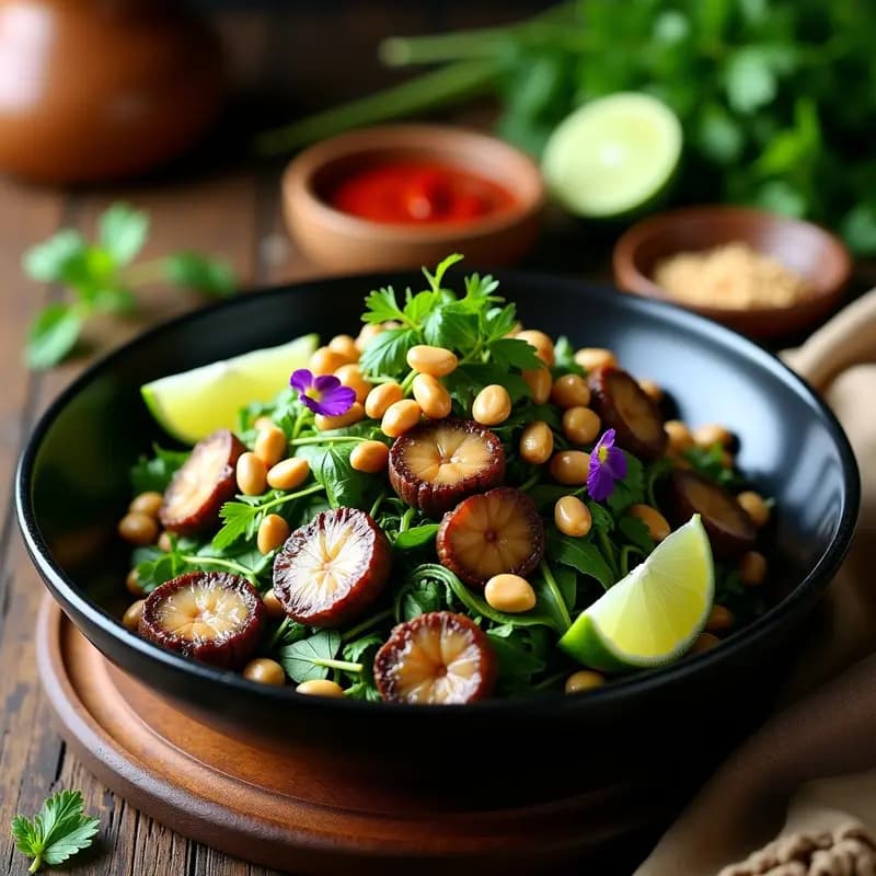 Larb Tailanda de Champiñones y Limón: Ensalada Picante de Hierbas y Cacahuates