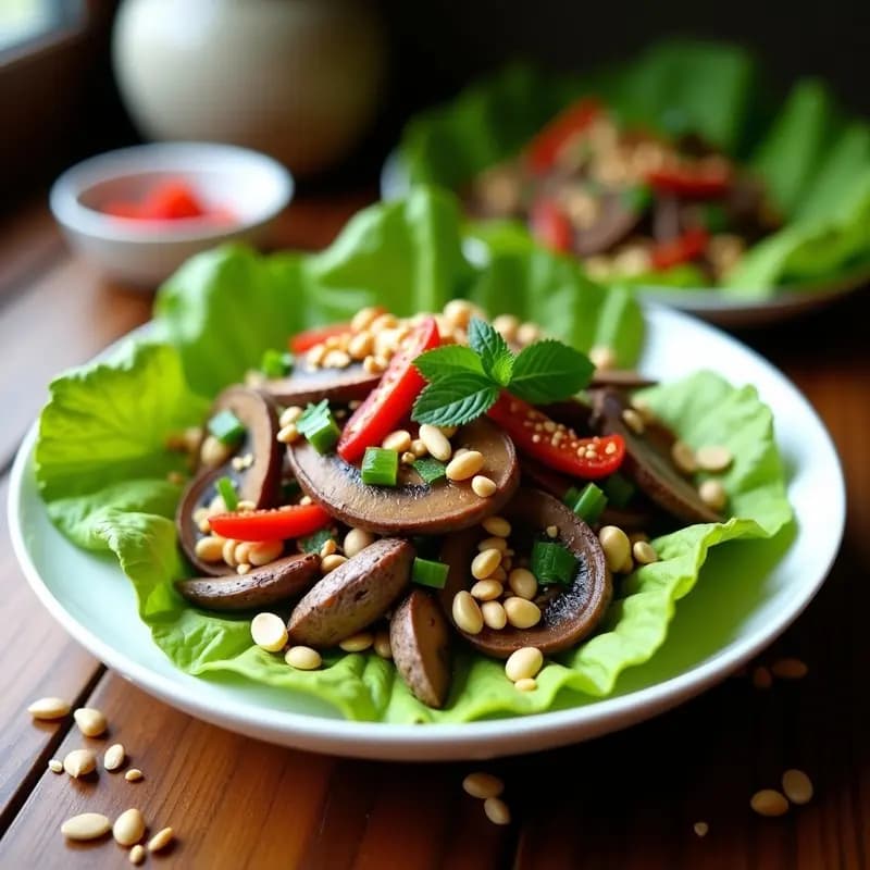 Larb de Champiñones y Menta: Ensalada Laosiana Vegana y Picante Sin Carne