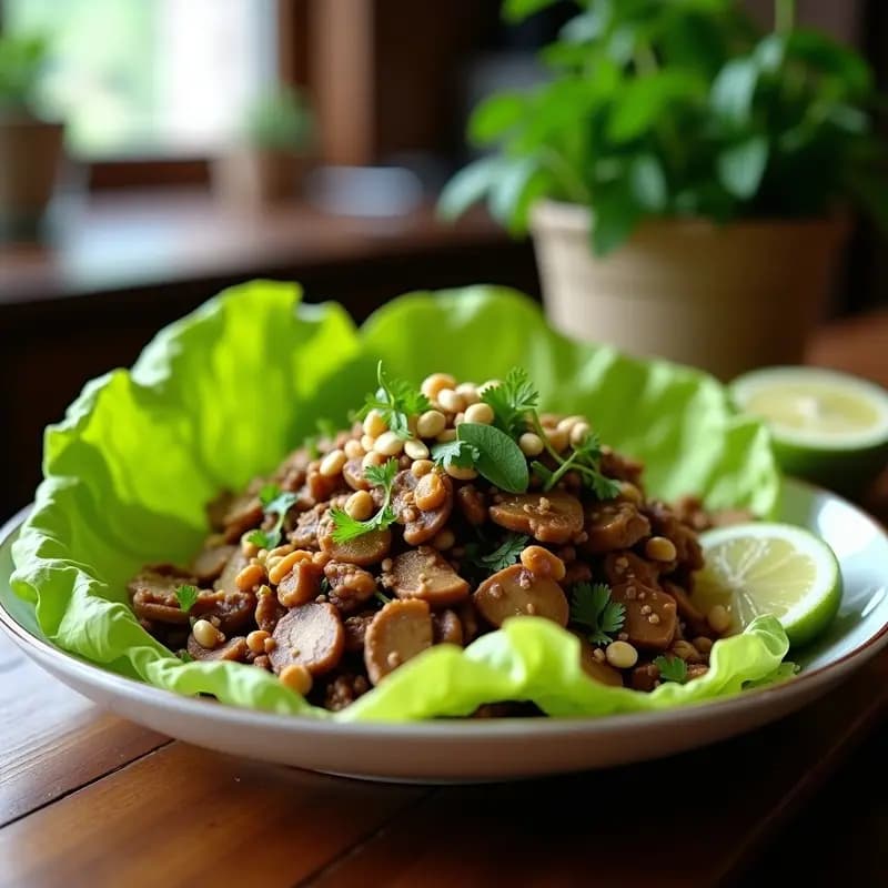 Larb de Champiñones y hierbas con lechuga: Receta Laosiana Vegana y Alta en Proteína