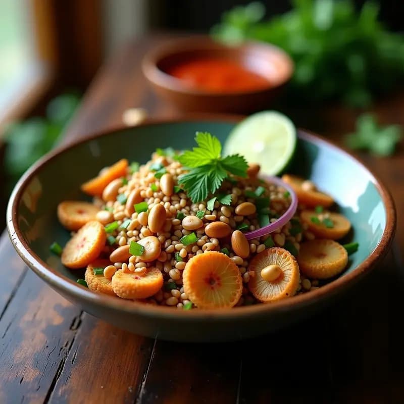 Larb Tailandés de Hongos Ostra: Ensalada Picante con Hierba Limón y Cacahuetes en Airfryer