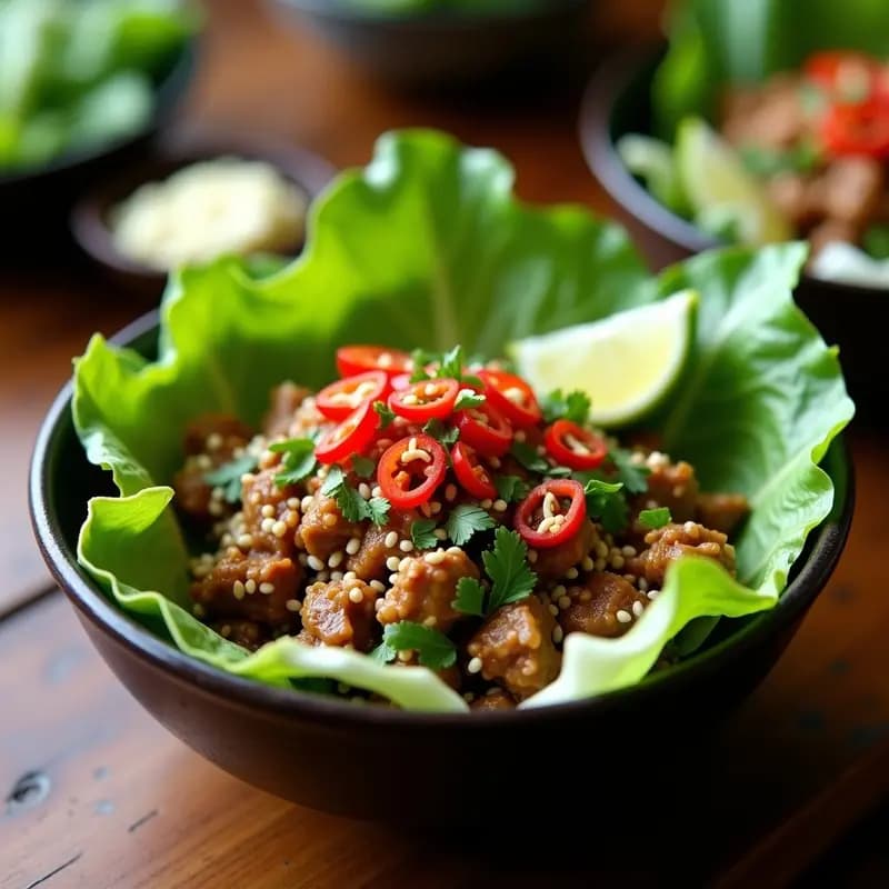 Larb de Pato con Hierbas Tailandesas y Hojas de Lechuga: Ensalada Picante de Laos