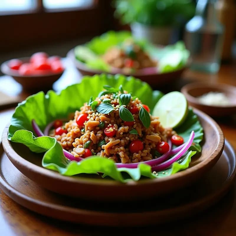 Larb de Pollo con Hierbas Frescas: Ensalada Tailandesa Picante y Sin Gluten