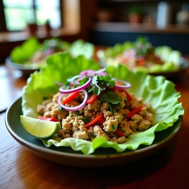 Larb de Pollo con Hierbas tailandesas y Lechuga: Receta de Laos Baja en Calorías y Sin Gluten