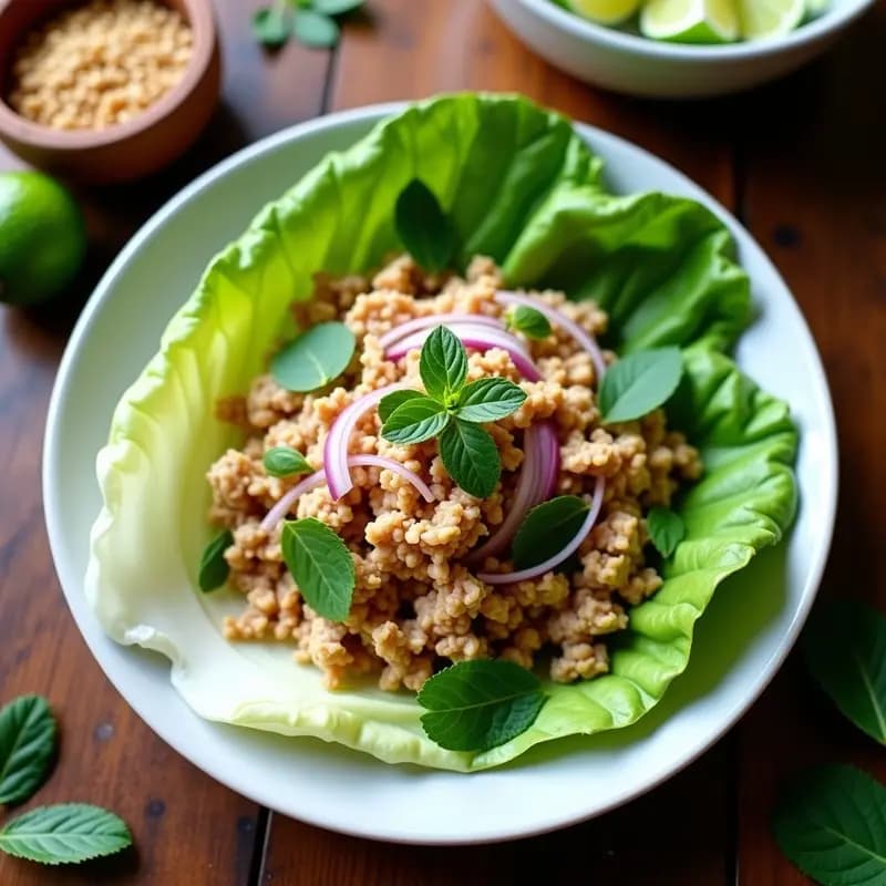 Larb de Pollo y Menta con Hojas de Lechuza: Receta Laosiana Picante y Ligera