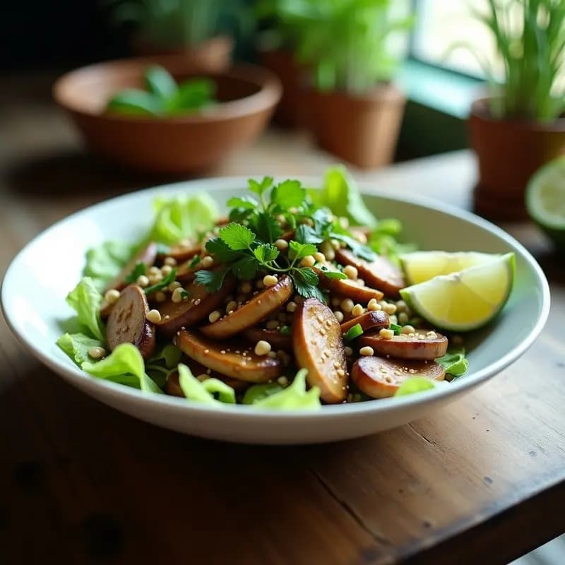 Larb Thai de Champiñones y Menta: Ensalada Picante de Laos con Limón y Cacahuetes