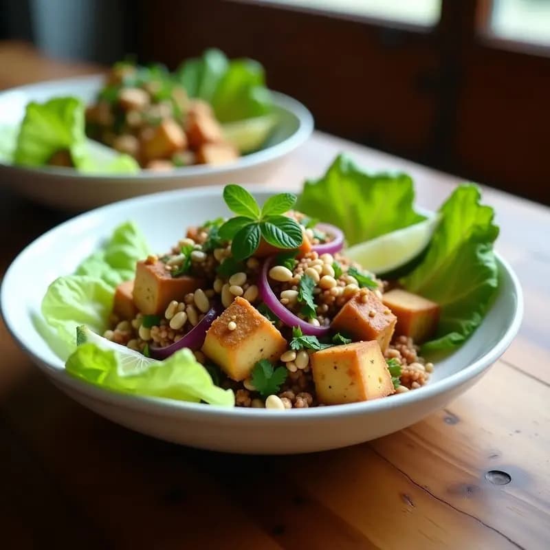 Larb de Tofu y Hierbas Frescas: Ensalada Laosiana Vegana con Lima y Cacahuetes