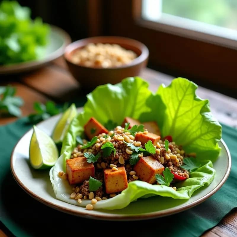 Larb de Tofu y Hierbas con Hojas de Lecha: Receta Laosiana Vegana y Sin Gluten
