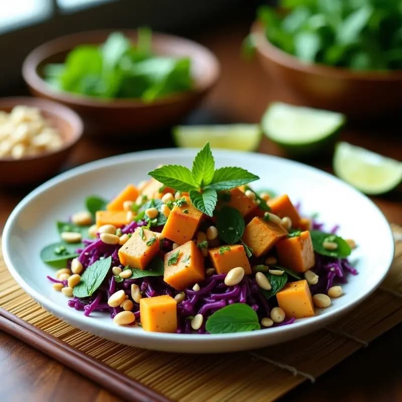 Larb de Tofu y Menta: Ensalada Laosiana Picante con Lechuga y Limón Kaffir