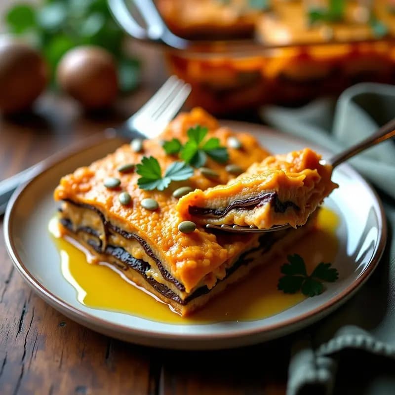 Lasagna de Berenjena y Champiñones con Bechamel de Calabaza