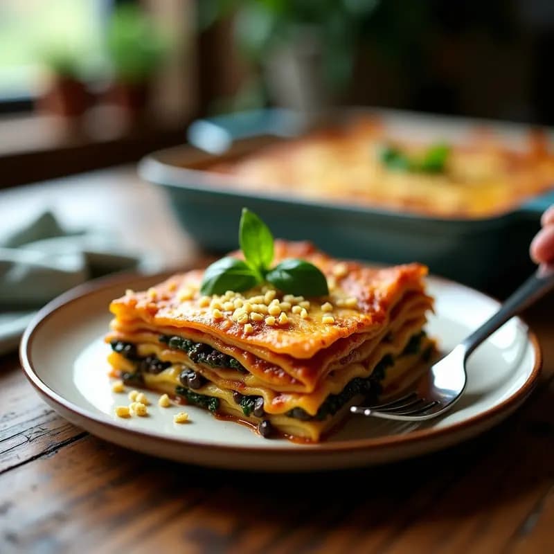 Lasagna de Berenjena Ahumada, Lentejas Beluga y Bechamel de Anacardos en Airfryer