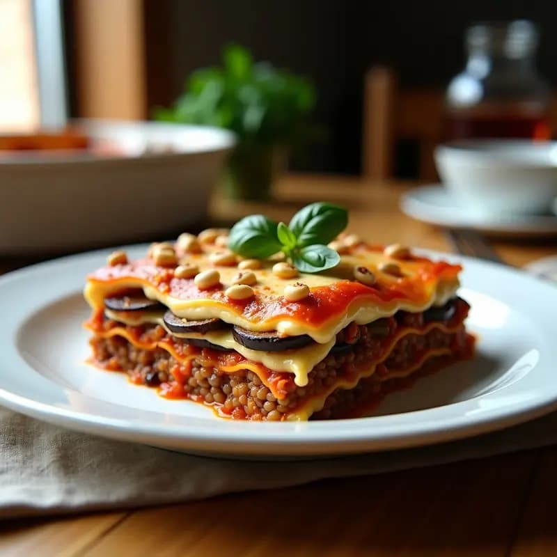 Lasagna de Berenjena y Lentejas con Salsa Bechamel de Anacardos: Receta Italiana Sin Lácteos