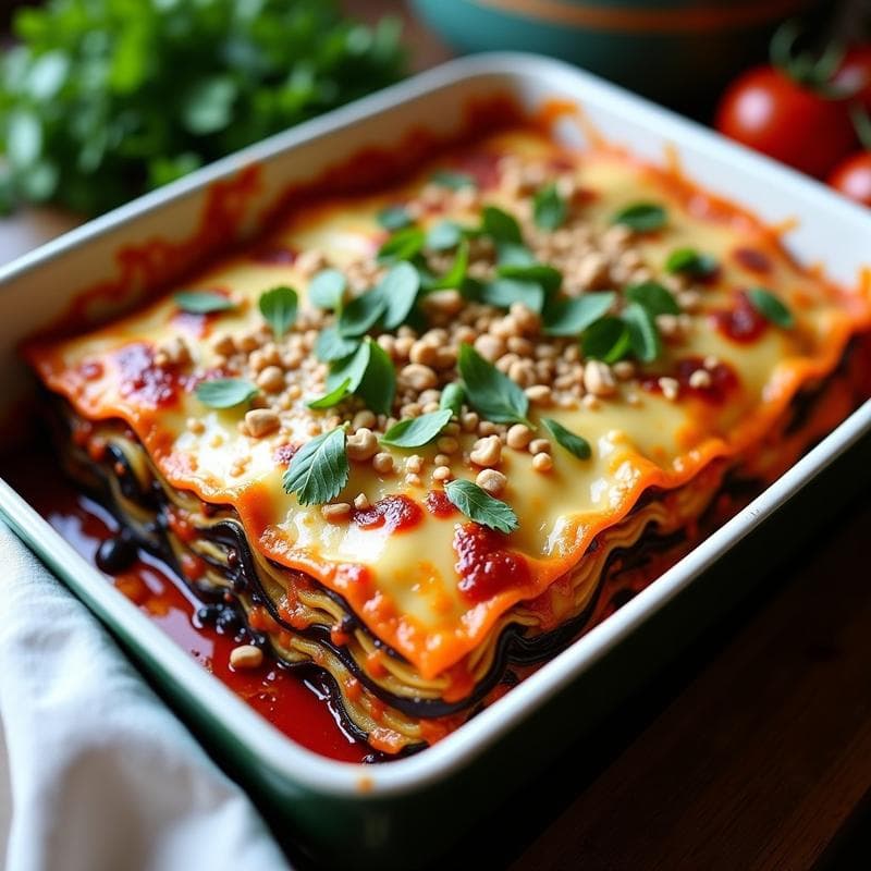 Lasagna de Berenjena y Lentejas Beluga con Bechamel de Avellanas: Receta Vegana Sin Horno