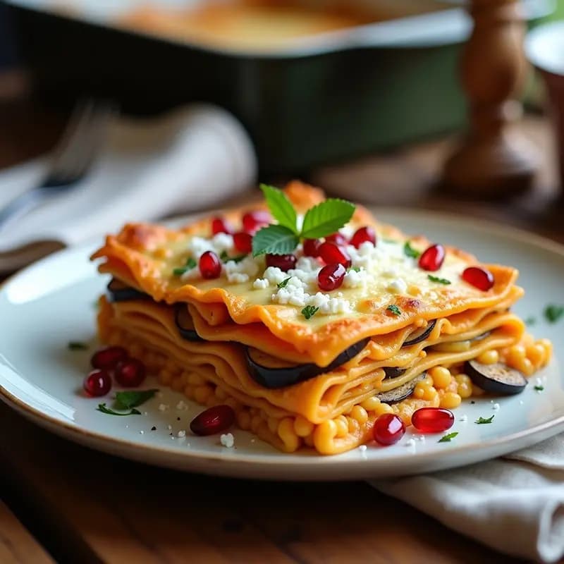 Lasagna de Berenjena y Lentejas Corail con Bechamel de Coliflor y Queso de Cabra