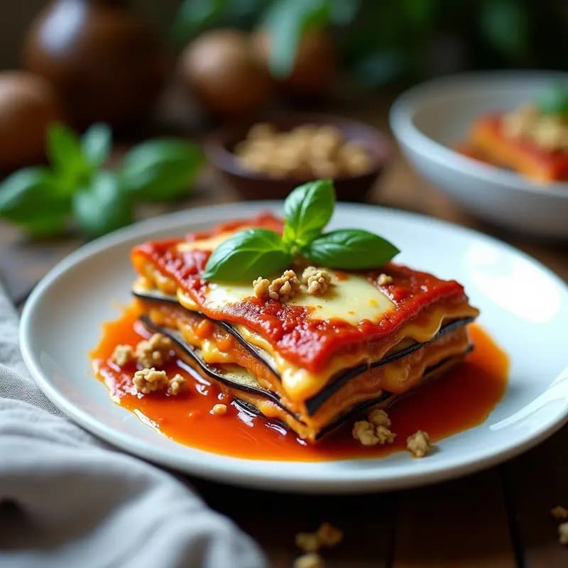 Lasagna de Berenjena y Queso de Anacardos con Salsa de Tomate Trufada: Receta Sin Pasta