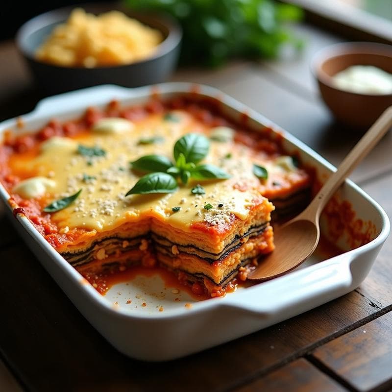 Lasagna de Berenjena y seitán con Bechamel Vegana: Receta Italiana Sin Gluten