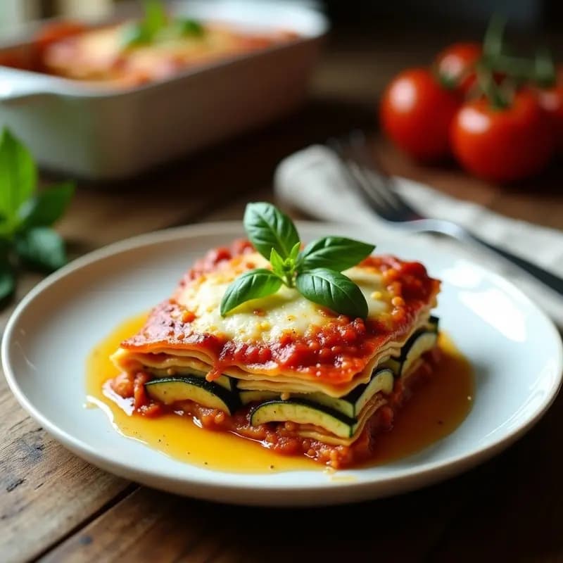 Lasagna de Calabacín y Berenjena con Salsa de Tomate Ahumado y Queso Vegano