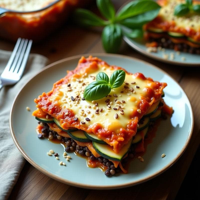 Lasagna de Calabacín y Lentejas Negras con Bechamel de Anacardos: Receta Vegana sin Horno