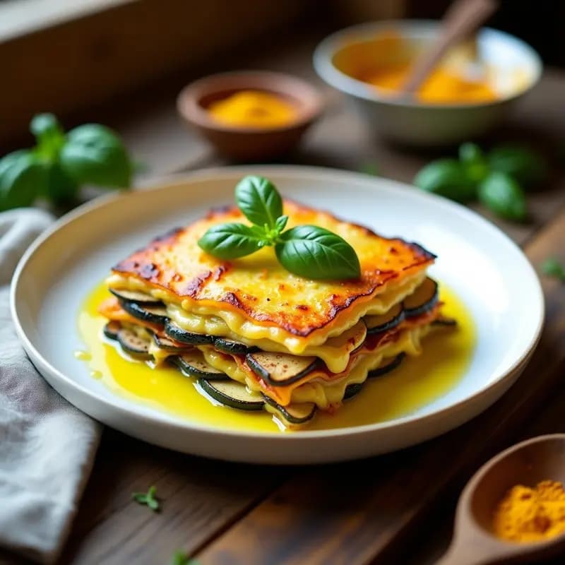 Lasagna de Calabacín y Berenjena con Bechamel de Anacardos y Queso de Cúrcuma