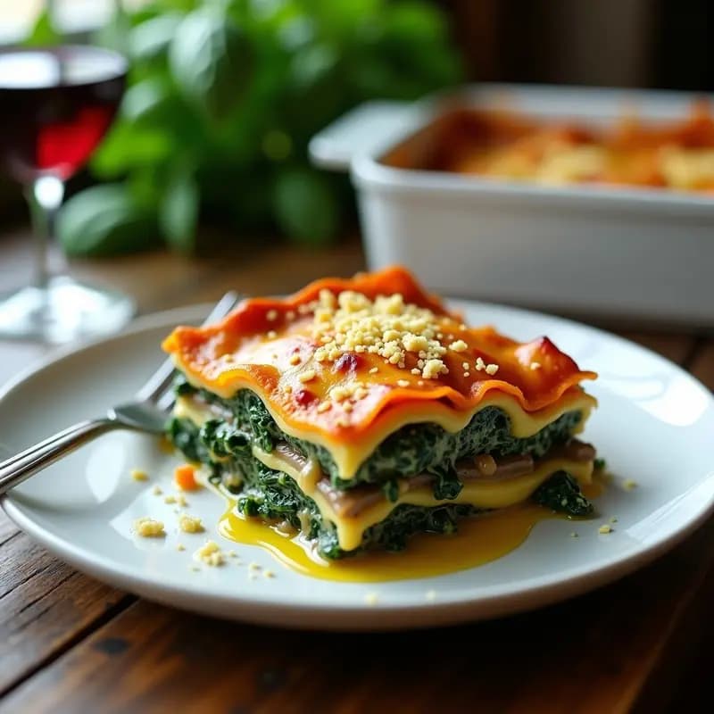 Lasagna de Espinacas y Hongos Portobello: Plato Italiano Vegano con Bechamel de Cashew