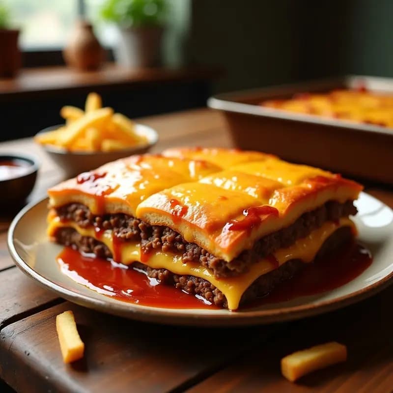 Lasagna de Hamburguesa: Capas de Carne, Queso, Patatas Fritas y Salsa BBQ