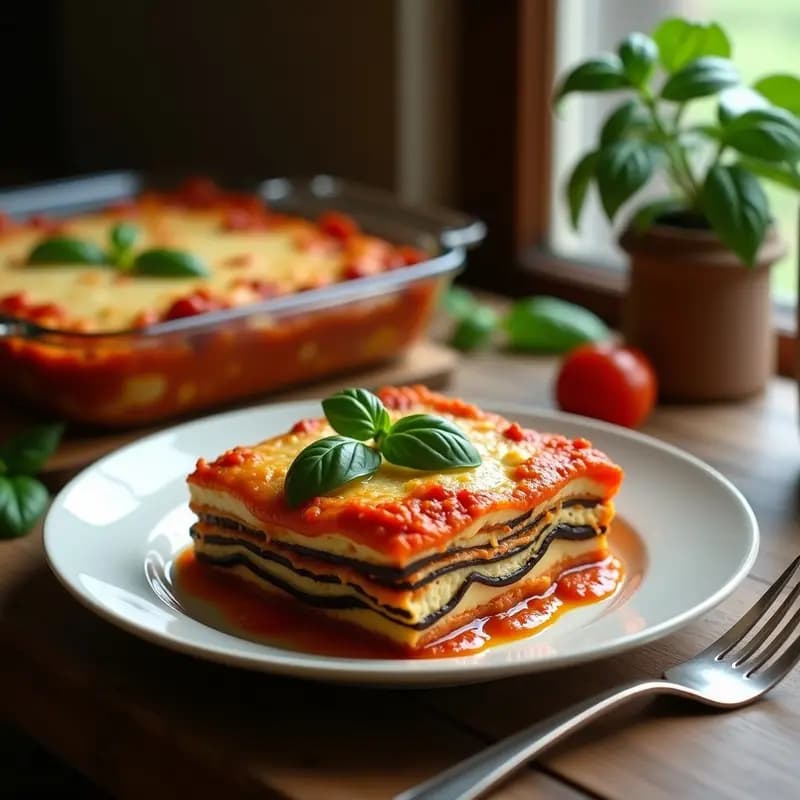 Lasaña de Berenjena y Crema de Anacardos con Salsa de Tomate Ahumado: Plato Italiano Vegano Sin Pasta