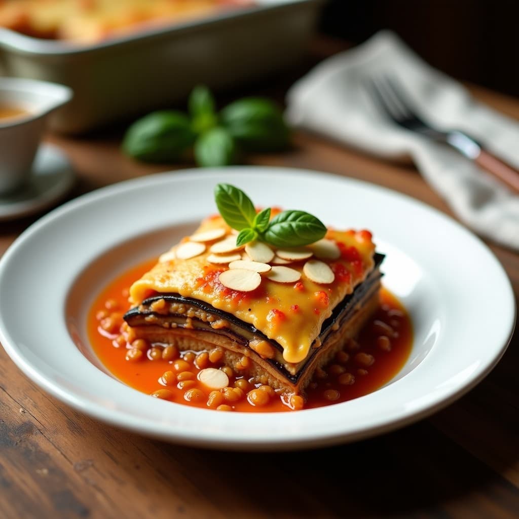 Lasaña de Berenjena y Lentejas Rojas: Plato Principal Vegano en Olla Lenta con Toque Italiano