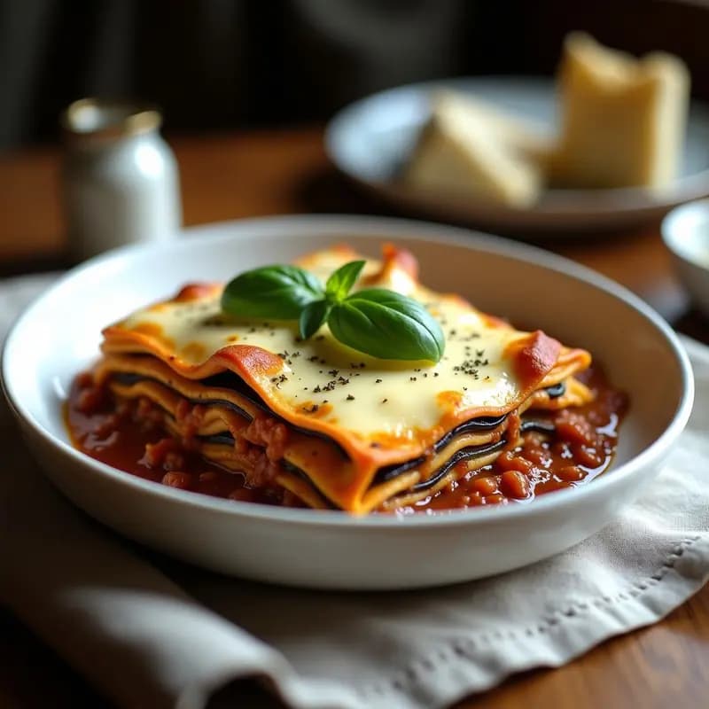 Lasña de Berenjena con Ragú de Lentejas y Bechamel de Anacardos: Receta Italiana Sin Pasta