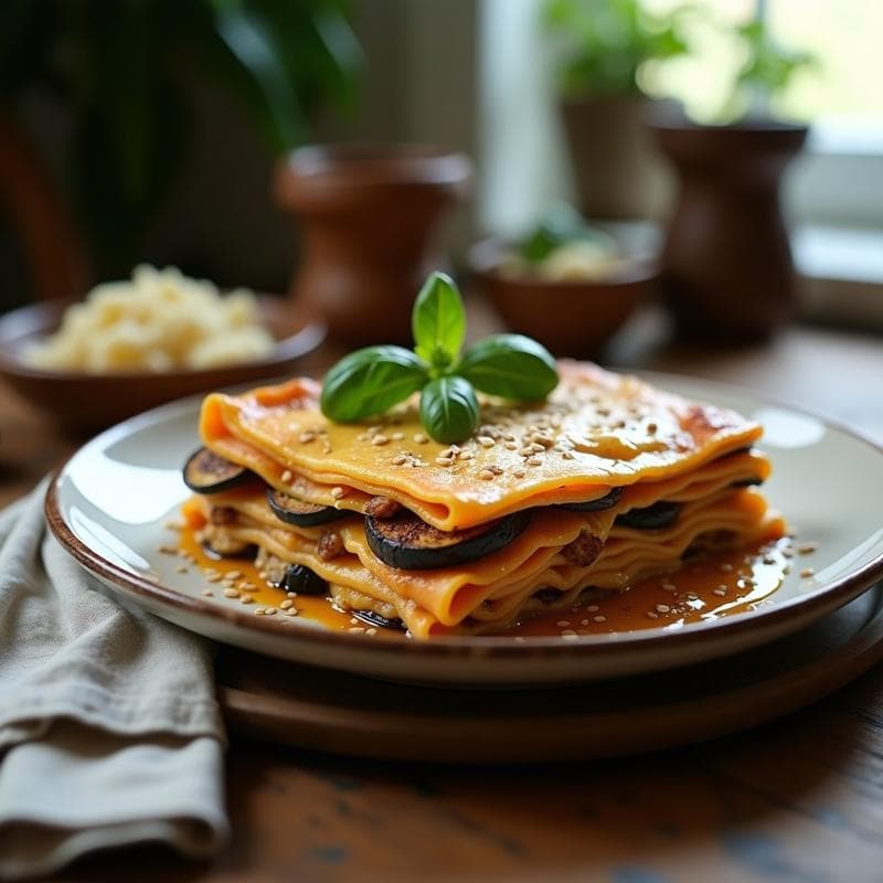 Lasaña de Berenjena y Queso de Castañas con Salsa Bechamel de Avena: Receta Vegana Sin Gluten