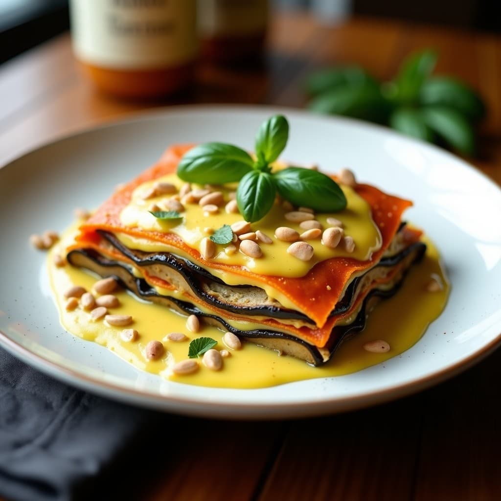 Lasaña de Berenjena y Toque de Trufa Negra con Bechamel de Cúrcuma: Receta Sin Gluten