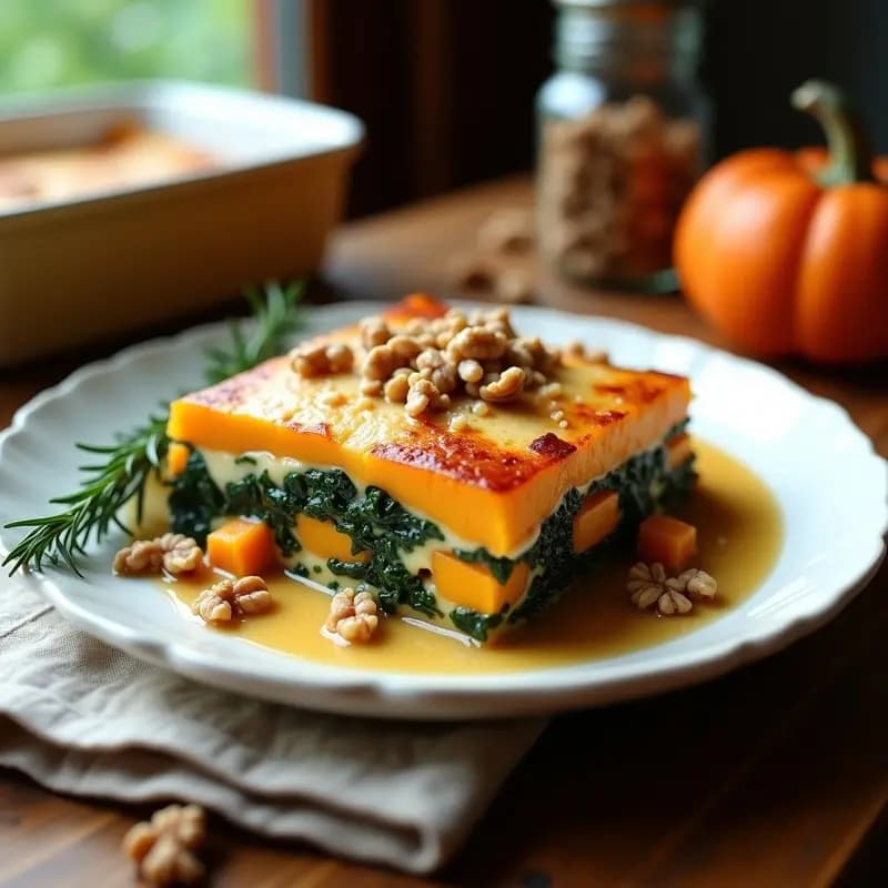 Lasaña de Calabaza y Espinacas con Salsa de Nueces: Receta Italiana Vegana y Sin Lactosa