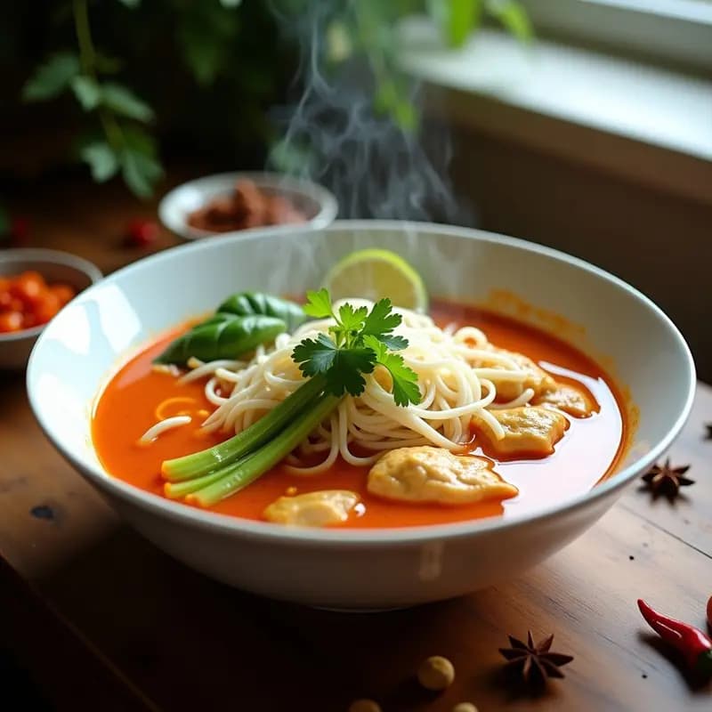Laska de Pollo y Curry Rojo: Receta Malaya Picante y Cremosa