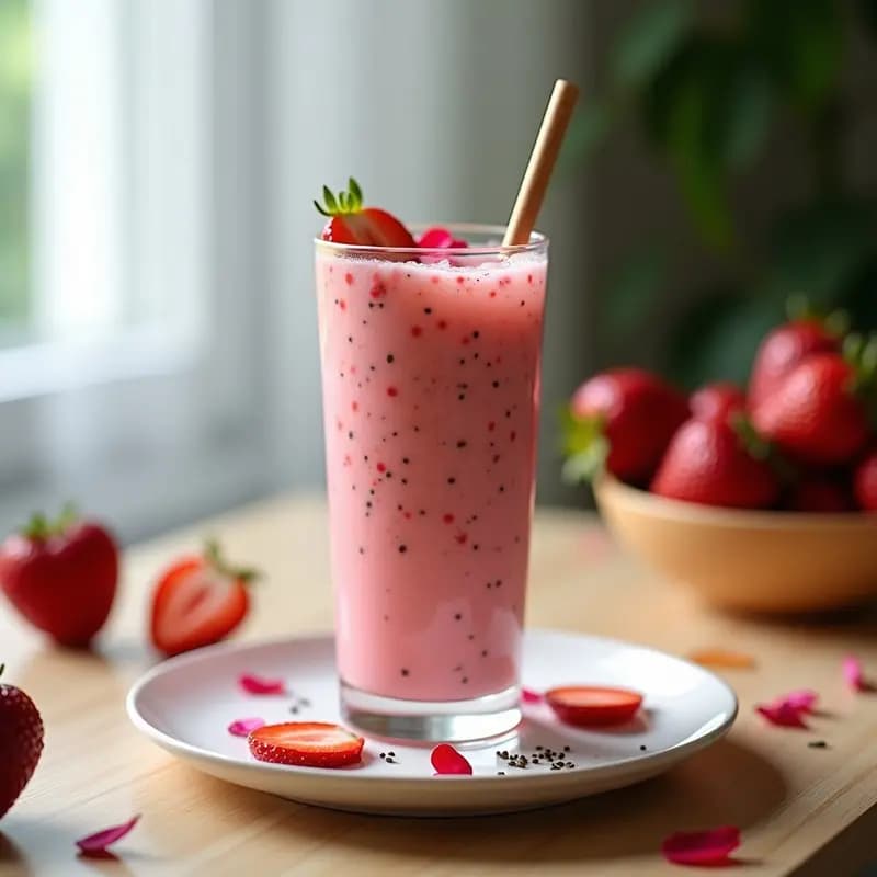 Lassi de Fresa y Rosa con Semillas de Chía: Bebida Pakistana Probiótica y Fresca