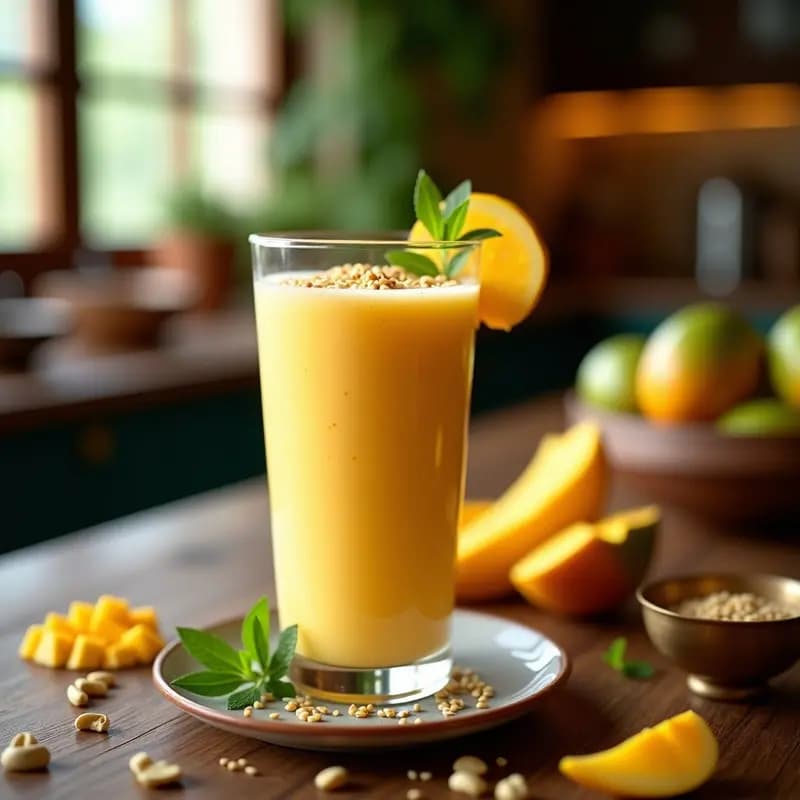 Lassi Indio de Mango y Cardamomo con Semillas de Ajonjolí: Bebida Refrescante y Probiótica