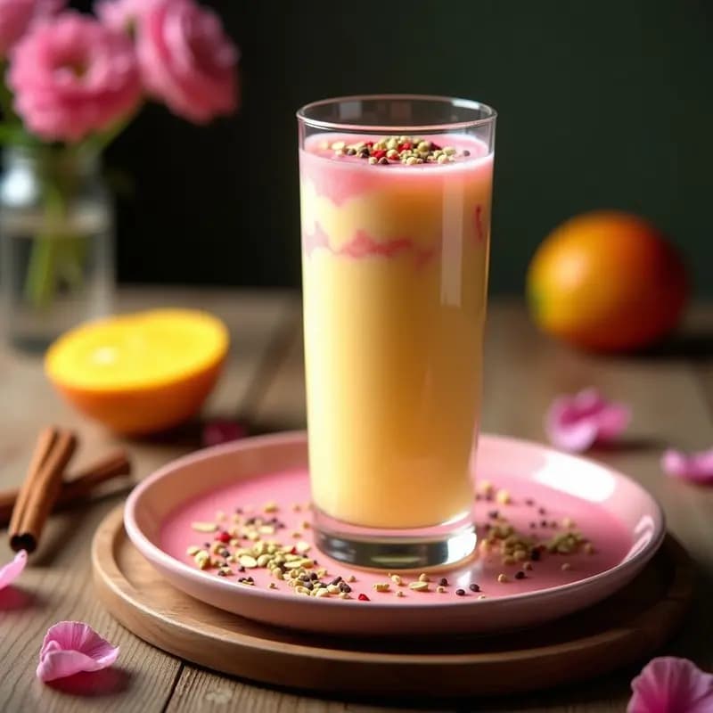 Lassi de Mango y Rosa: Bebida Pakistaní Refrescante con Yogur Vegano y Semillas de Chía