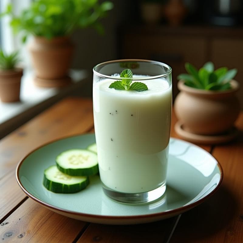 Lassí Salado de Pepino y Hierbabuena con Yogur de Coco: Bebida India Vegana y Digestiva