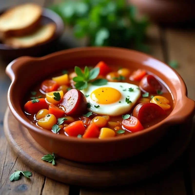 Lecsó Húngaro: Guiso de Pimientos y Tomates con Huevo Poché y Salchicha Picante
