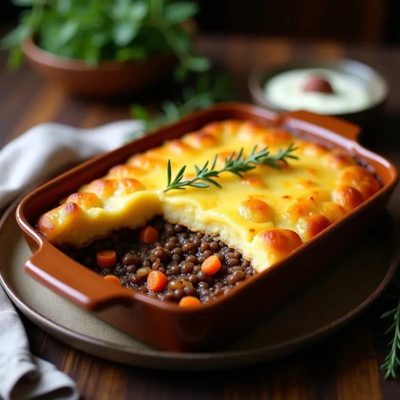 Lentil Shepherd’s Pie: Pastel de Cordero Vegano con Puré de Patata Dorada