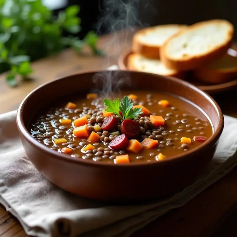 Lentil Soup con Chorizo Español: Sopa Internacional con Toque Picante y Ahumado