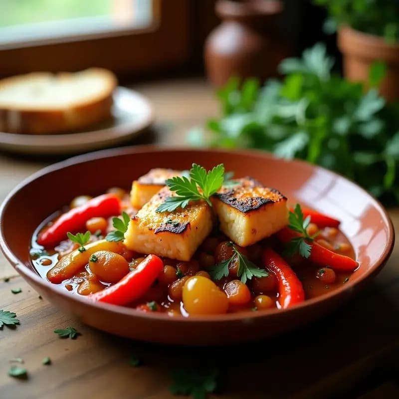 Llacón con Pimientos Asados: Plato Mallorquín de Verduras y Bacalao