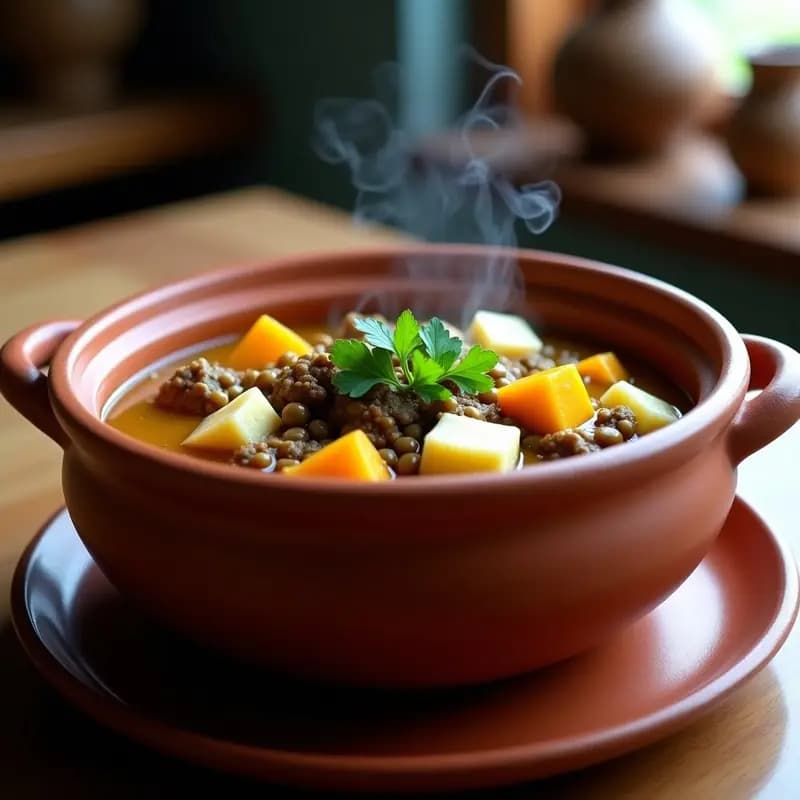 Locro Criollo Argentino: Guiso de Maíz, Zapallo y Carne Vegana en Olla de Barro
