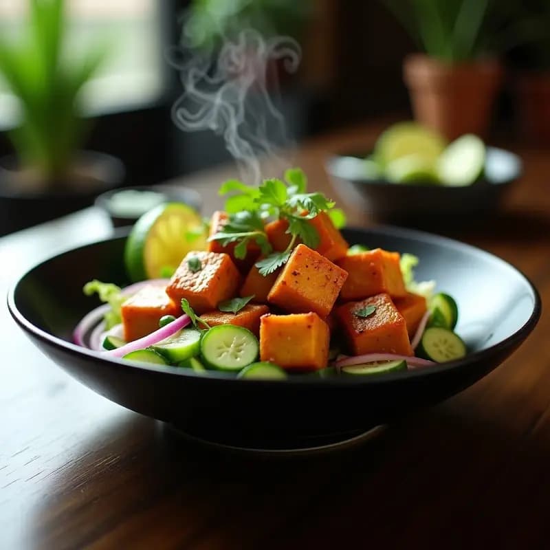 Lok Lak Camboyano con Tofu Marinado y Ensalada de Pepino: Receta en Wok Baja en Calorías